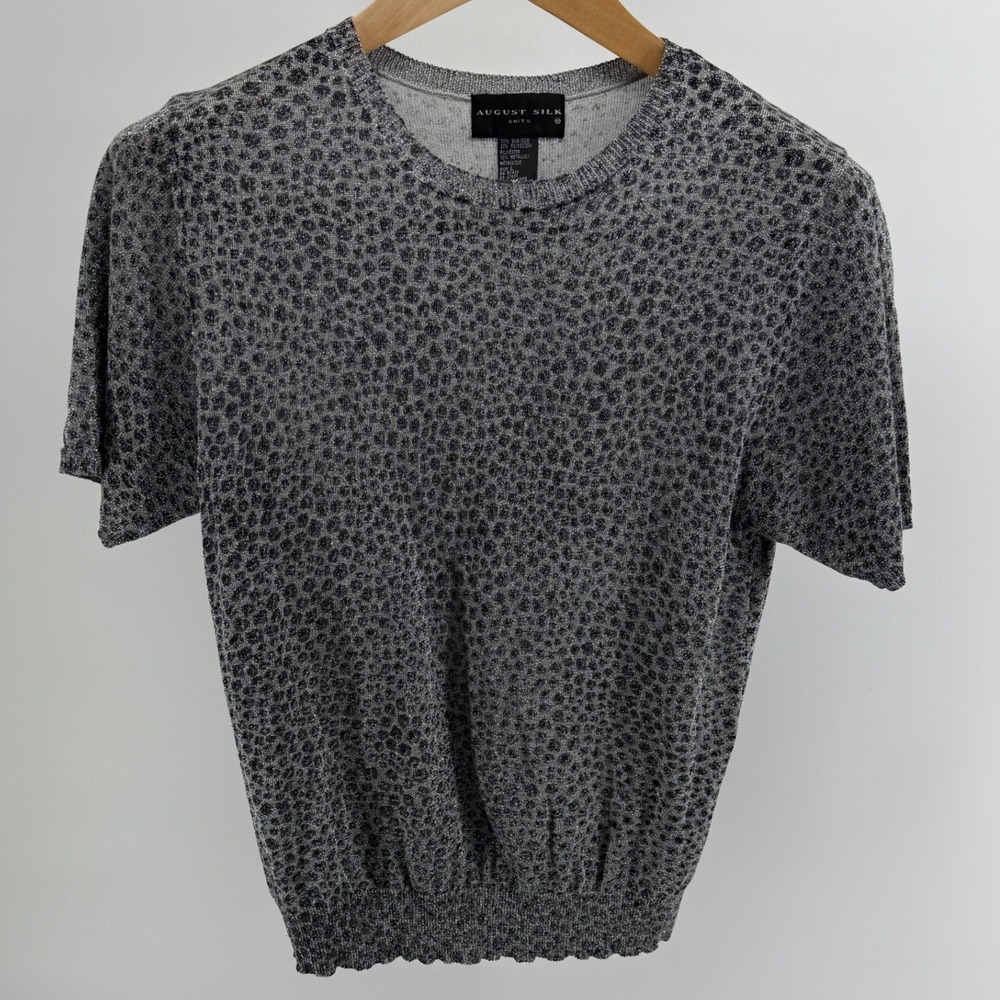 Vtg August Silk Knit Top Gray Black Metallic Animal Print Short Sleeve Womens‎ L